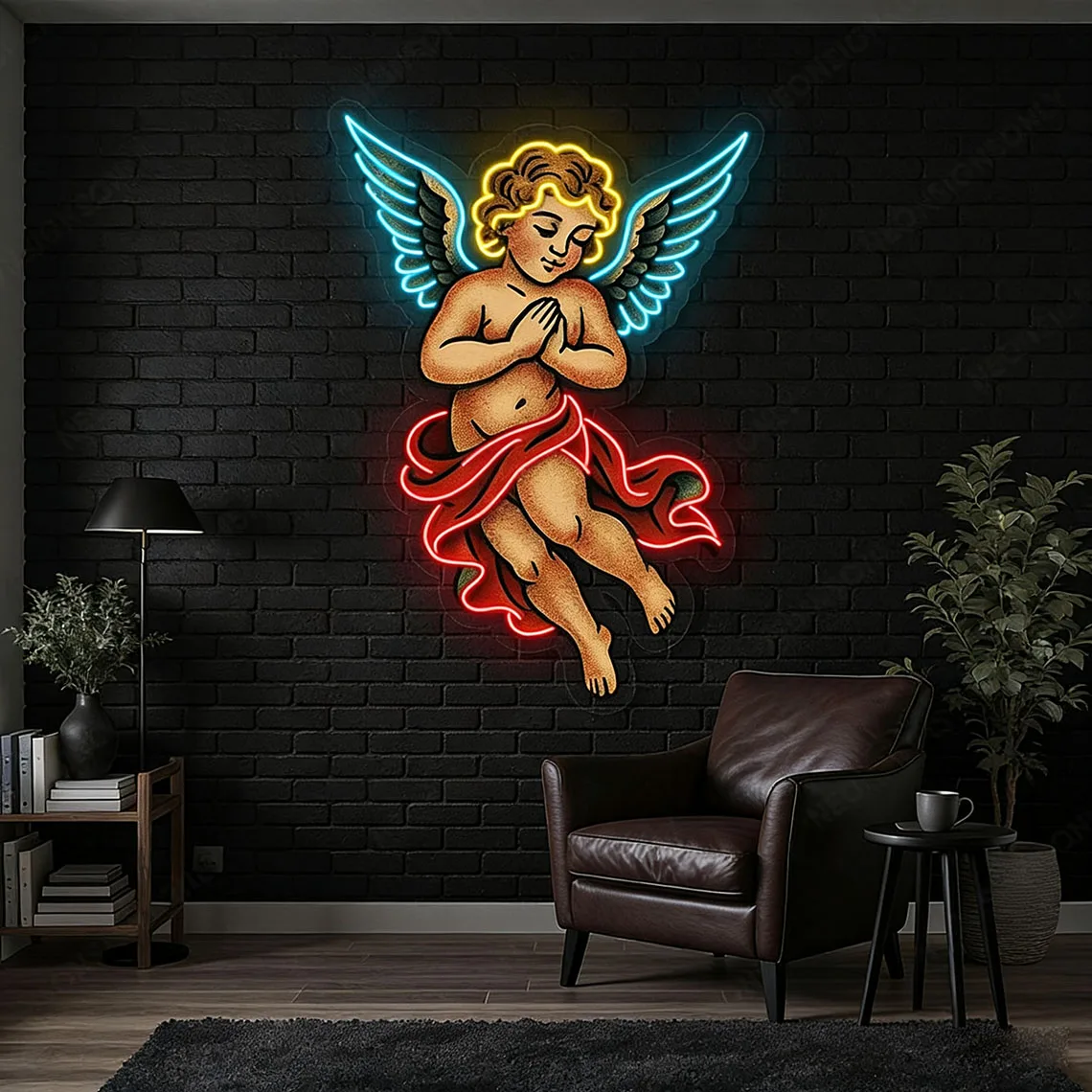 Neon z nadrukiem UV Cherub Angel, Kolorowy neon z modlącym się aniołem, Neon z anielskim skrzydłem, Neon z aniołem stróżem, Neon z cherubinem