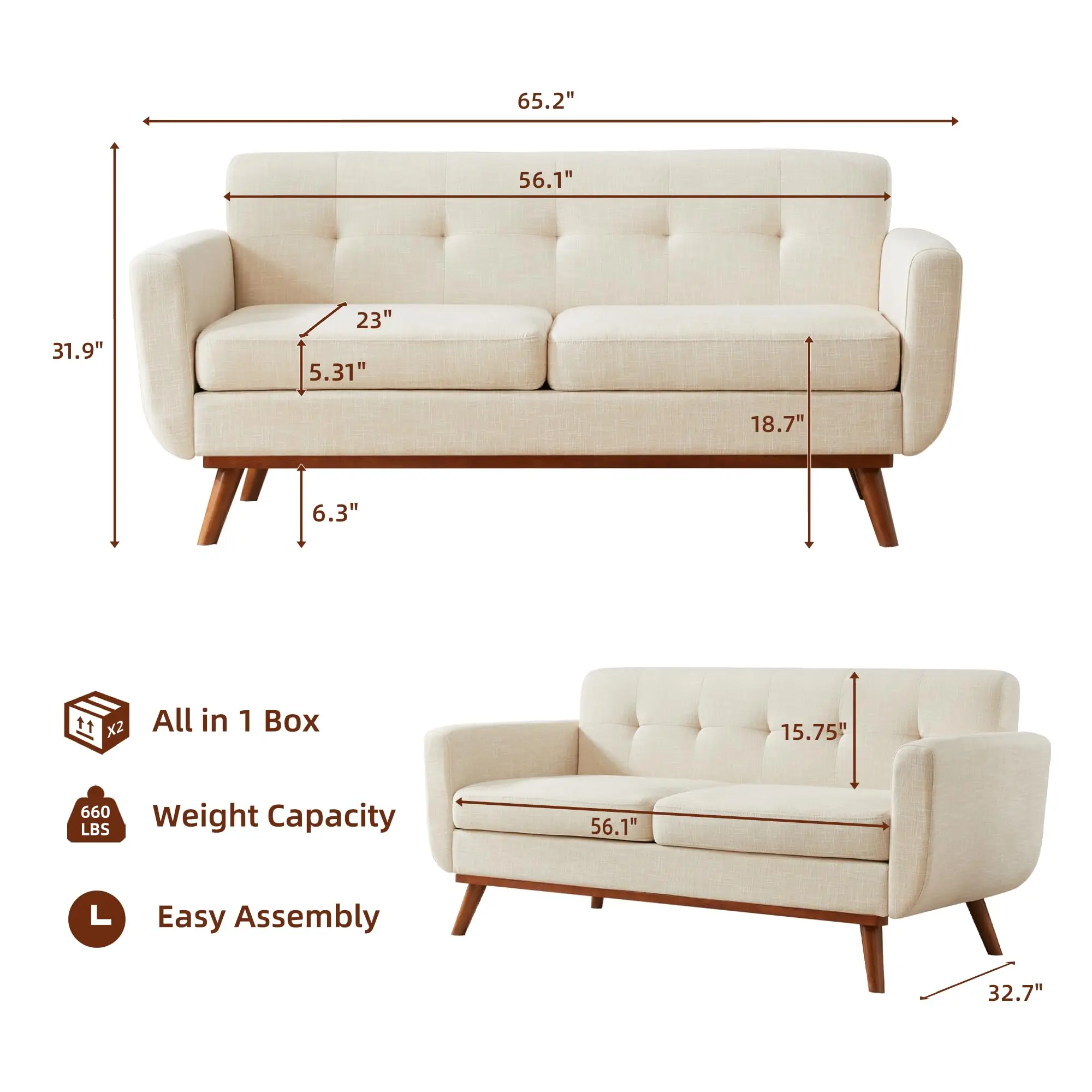 #￥Loveseat Sofa Mid Century Modern Decor Love Seat Couches Button Tufted Upholstered Furniture Small Couch for Office Apartment