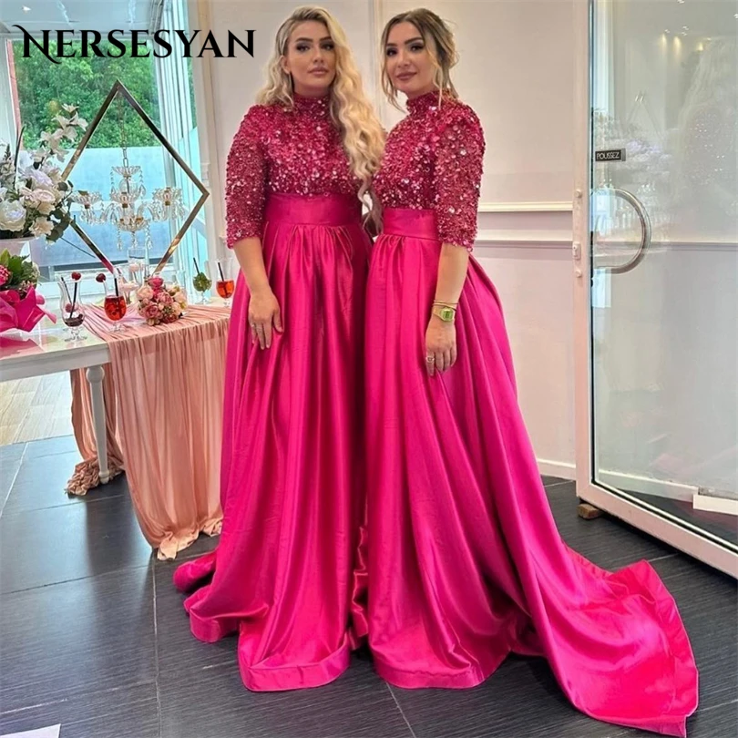 

Nersesyan Modern Satin Sequins Glitter Formal Evening Dresses High-Neck A Line Draped Party Gowns Long Vestidos De Fiesta 2023