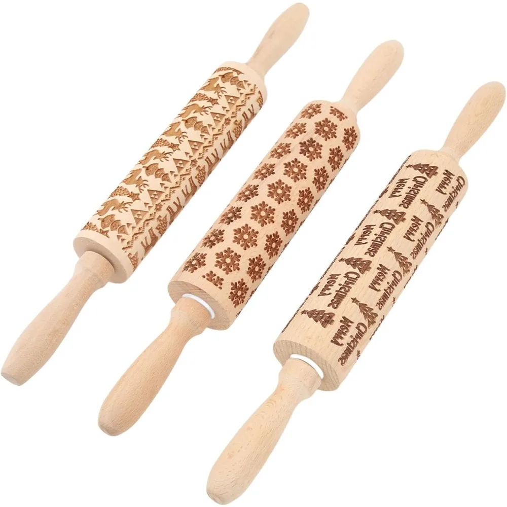 

Set of 3 Wooden Embossed Rolling Pins - Christmas Snowflake, Tree, Reindeer & Bear Patterns