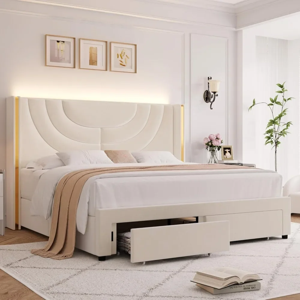 LED Bed Frame with 2 Storage Drawers, Velvet Platform Bed with Wing Back Headboard, Headboard Splicing Design Bedroom Furniture