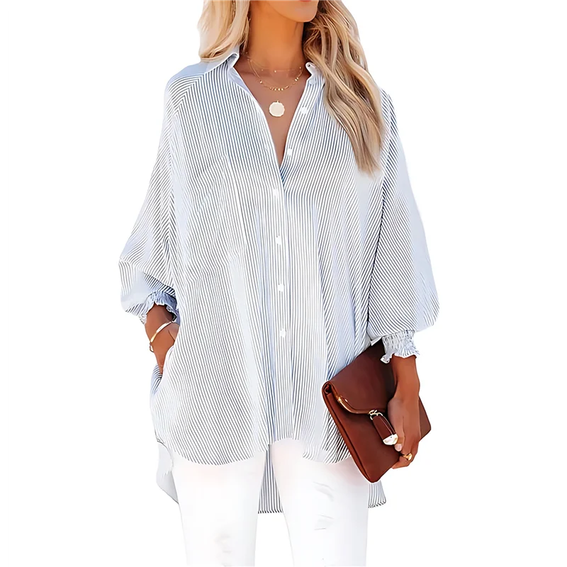 

NEW-Women's Button Down Striped Shirts Collared Puff Long Sleeve Oversized Smocked Blouses With Pocket