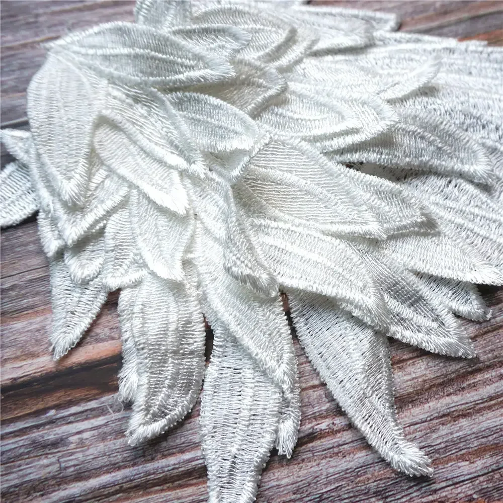 2PCS White Feather Wings Fabric Embroidery Gown Appliques Collar Sew On Patches For Wedding Decoration Dress DIY