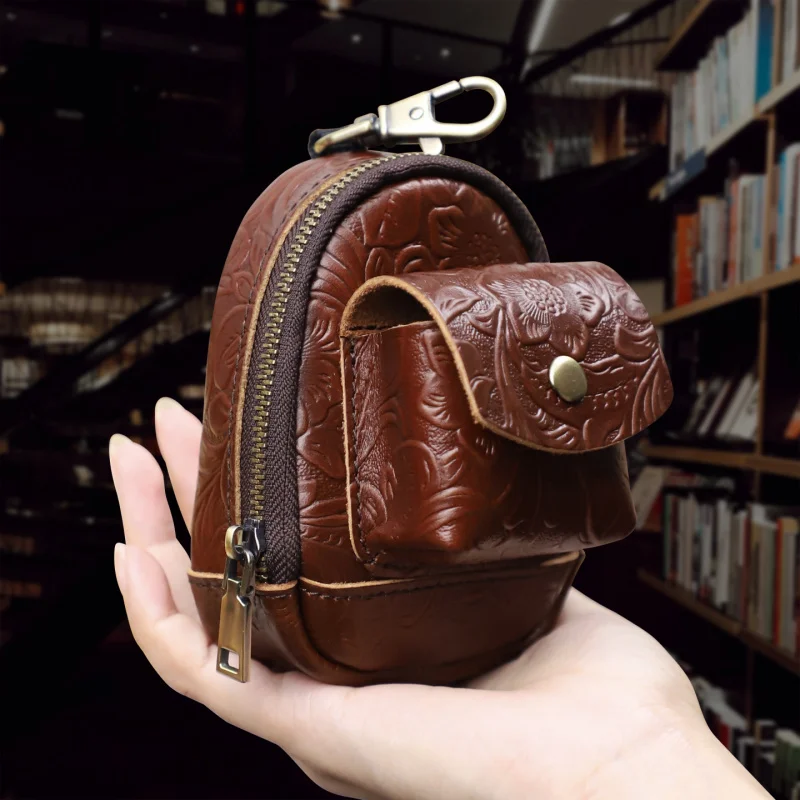 Retro Durable Knapsack Cow Leather Top-grain Leather Coins Holder Zipper Pouches Keys Data Cable Bluetooth Earphone Bag
