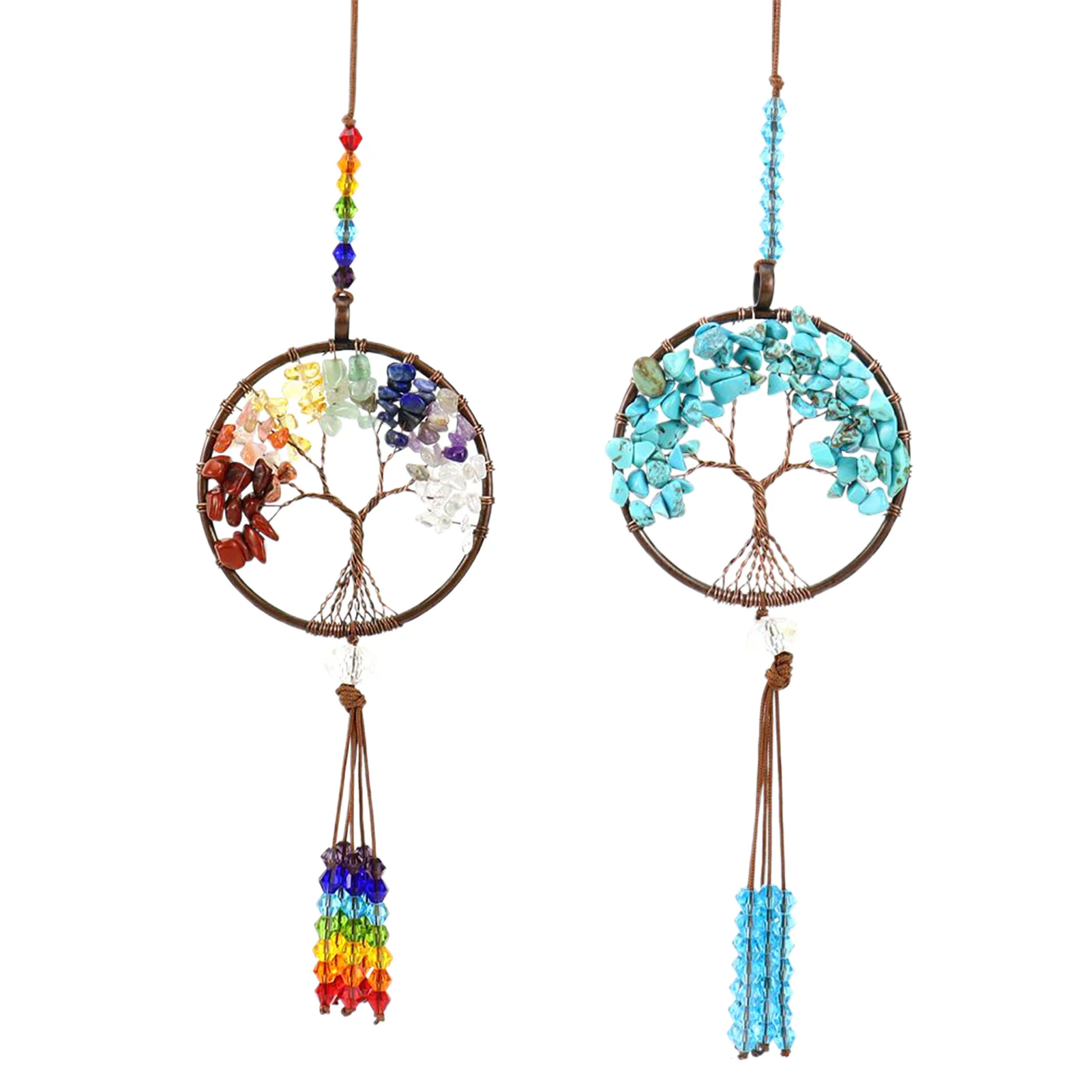 

2Pcs Handmade Life Tree Hanging Ornaments with Natural Stones & Crystal Tassels, Colorful Car/ Wall Decor for Home & Vehicle