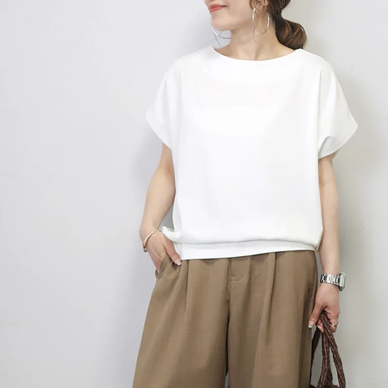 تي شيرت صيفي جديد بأكمام قصيرة للنساء، أكمام خفاش فضفاضة، رقبة دائرية، بلوزة كاجوال من القطن بلون سادة، التجارة الخارجية #6