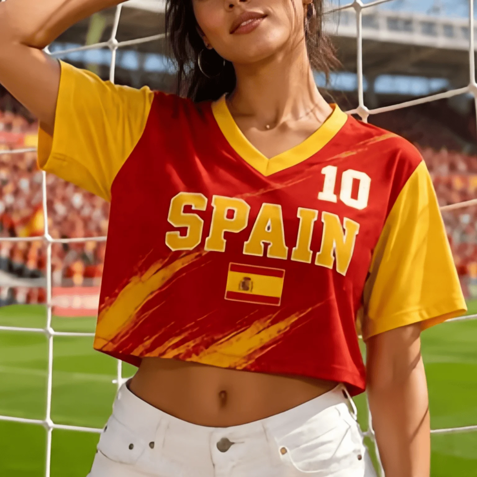 2026 Summer New Women's 3D Spanish Printed V-neck Quick Drying Breathable Short Sleeve Sports Shirt Cheerleading Short T-shirt