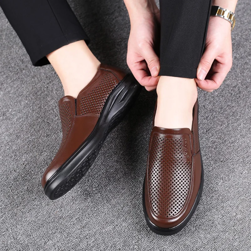 Genuine Leather Shoes Men Summer Footwear Cow Leather Mens Casual Shoes Brand Male Business Shoes Black Big Size 45 A4386