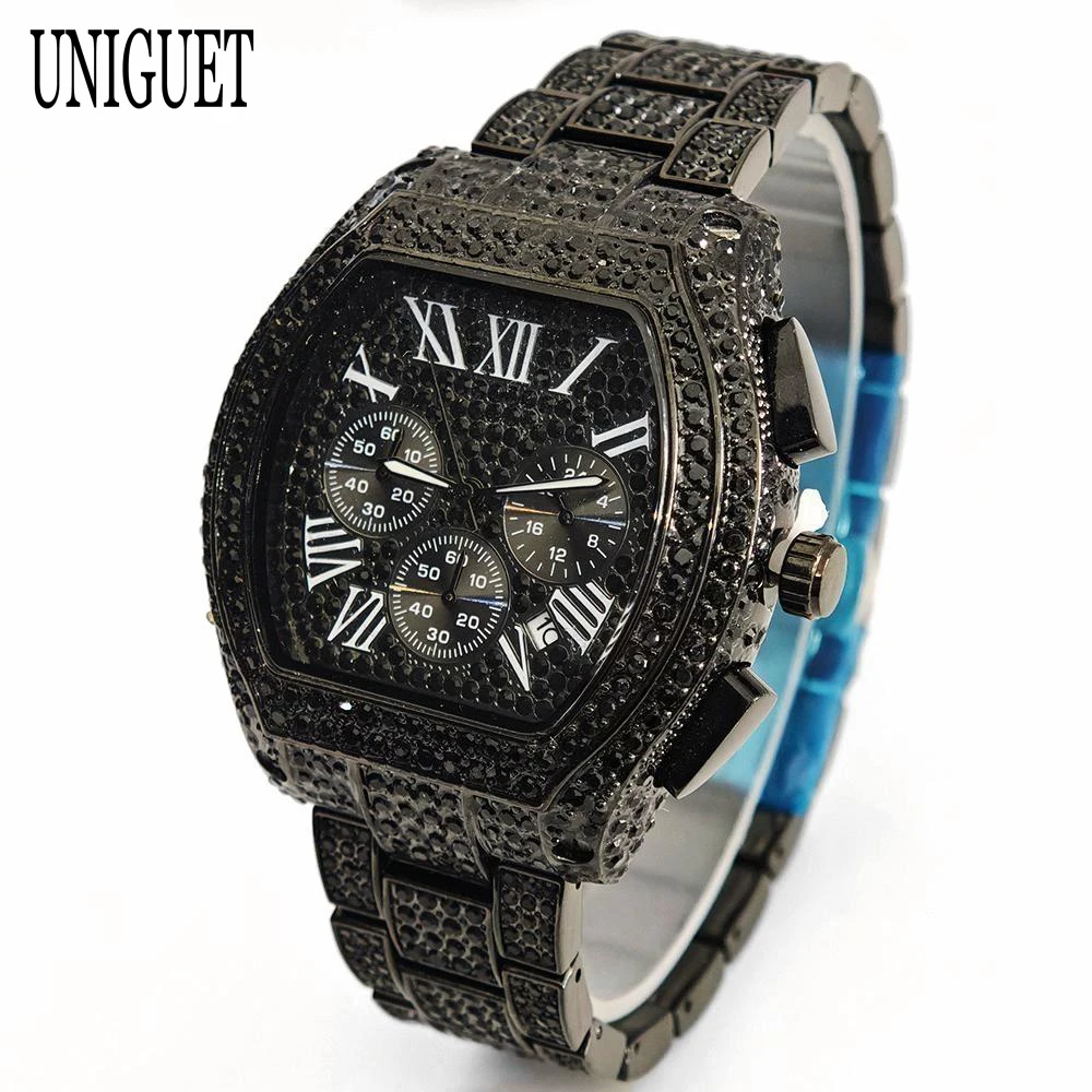 2025 Top Luxury Watches Men Fashion Brand UNIGUET Hip Hop Diamond Bling Tonneau Quartz Wristwatches Business Iced Out Men Clocks