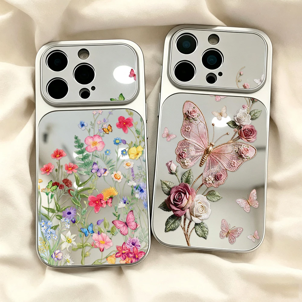 Colorful Flower Butterfly Mirror Phone Case For iPhone 18 17 16 15 14 13 12 11 Pro Max Shockproof Soft Large Window Cover Fundas