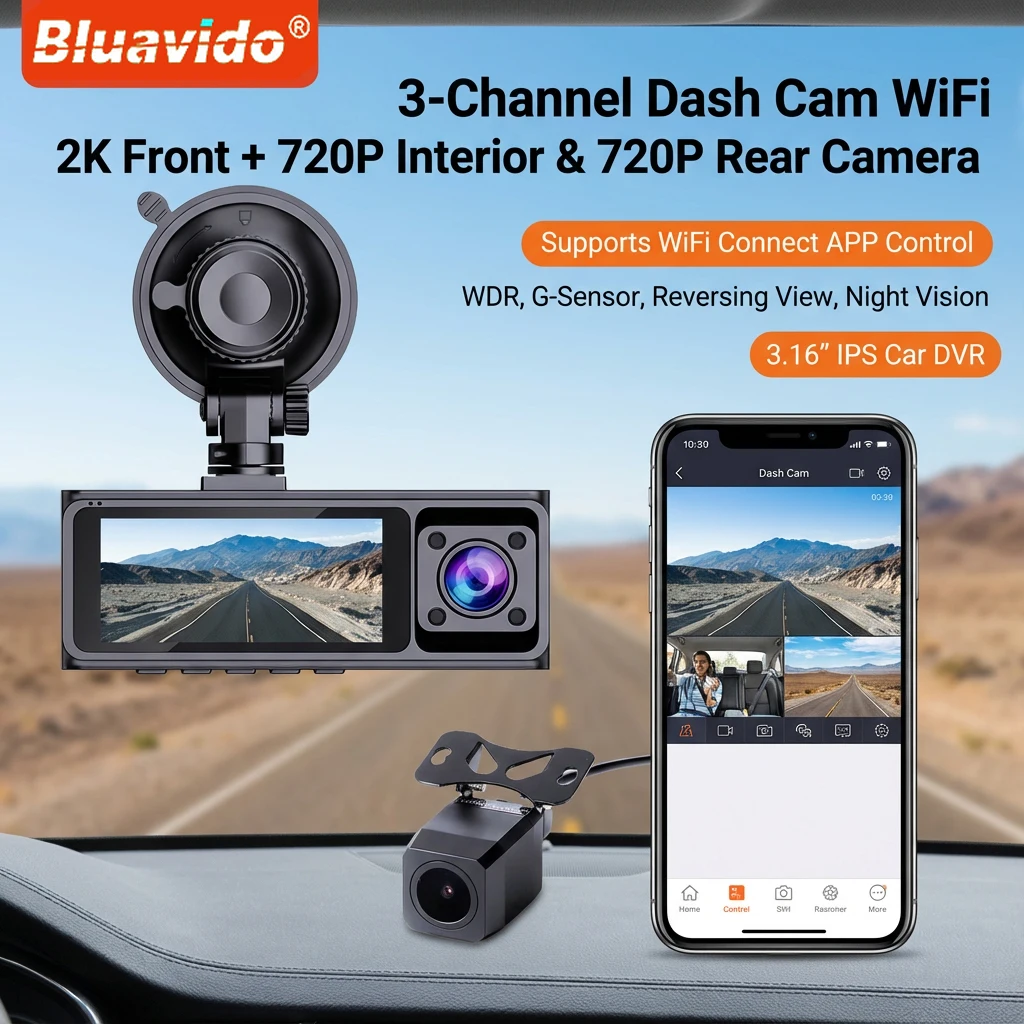 

3-канальный мини-видеорегистратор 2K: передняя, внутренняя и задняя камеры, Wi-Fi, бесплатное приложение, G-сенсор, циклическая запись, поддержка режима парковки 24 часа