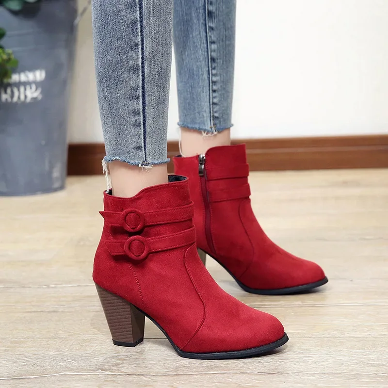 Thick High Heels Ankle Boots Women 2025 Pointed Toe Keep Warm Elegant Short Booties Side Zipper Boots for Woman Buckle Decor