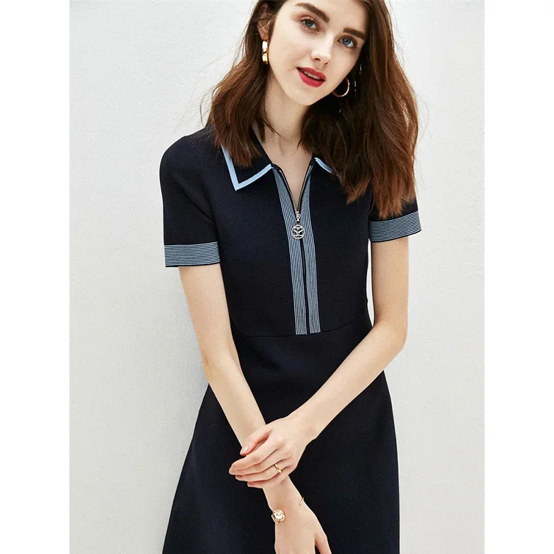 

Brand S Women's Lapel Collar Mini Dress, V-Neck, Zipper Front, Navy Kinitted, Summer, Office Lady, High Quality Female Clothing