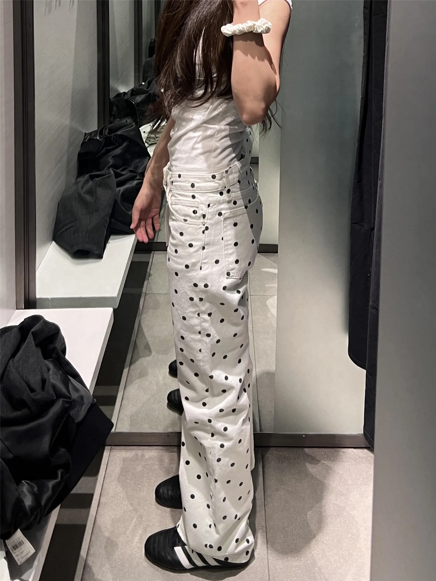 

White Polka Dot Low Waist Straight Leg Jeans Women Slimming Long Narrow Version Wide Leg Floor Length Pants Casual Style