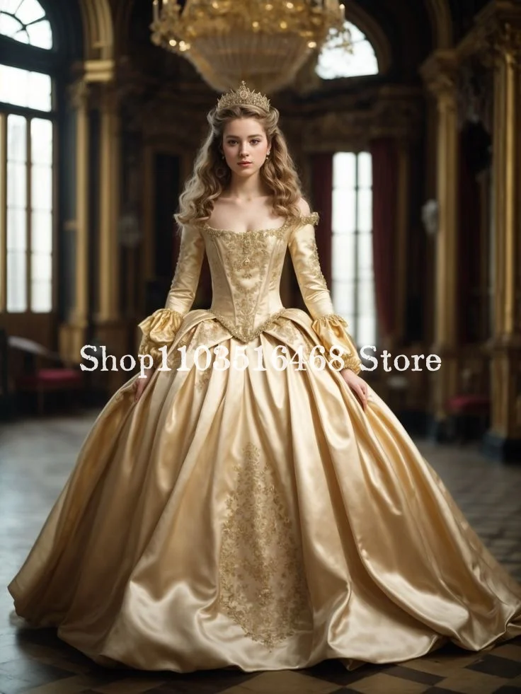 Fantasy Vintage Victorian Prom Dress Gold One Shoulder Long Sleeve Satin Corset Corset Fairytale Princess Elegant Party Dresses