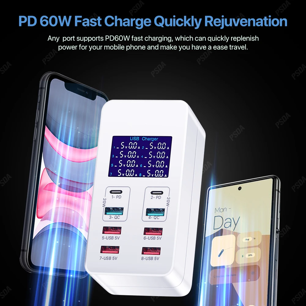 Eonline 3D Angel Multiple USB Charger LCD Display 8 Port Desktop Charging Station for Tablet Laptop