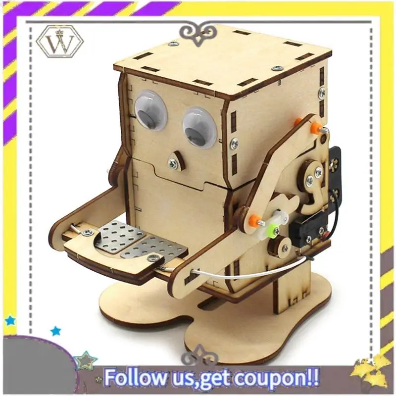 New Robot Eating Coin Wood DIY Model For Kid Science Experiment Wooden Assembly Kit Educational Toy 1Set