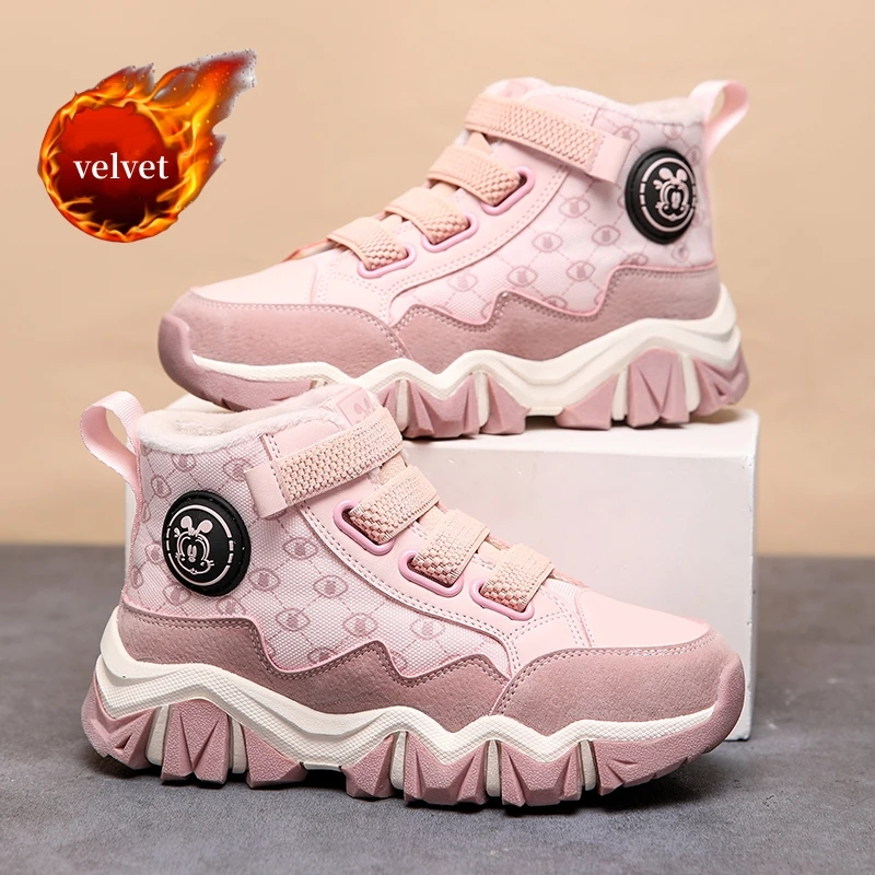 

Модные розовые зимние ботинки, зимние ботинки для девочек, уличные высокие кроссовки на нескользящей платформе, детская теплая бархатная детская походная обувь