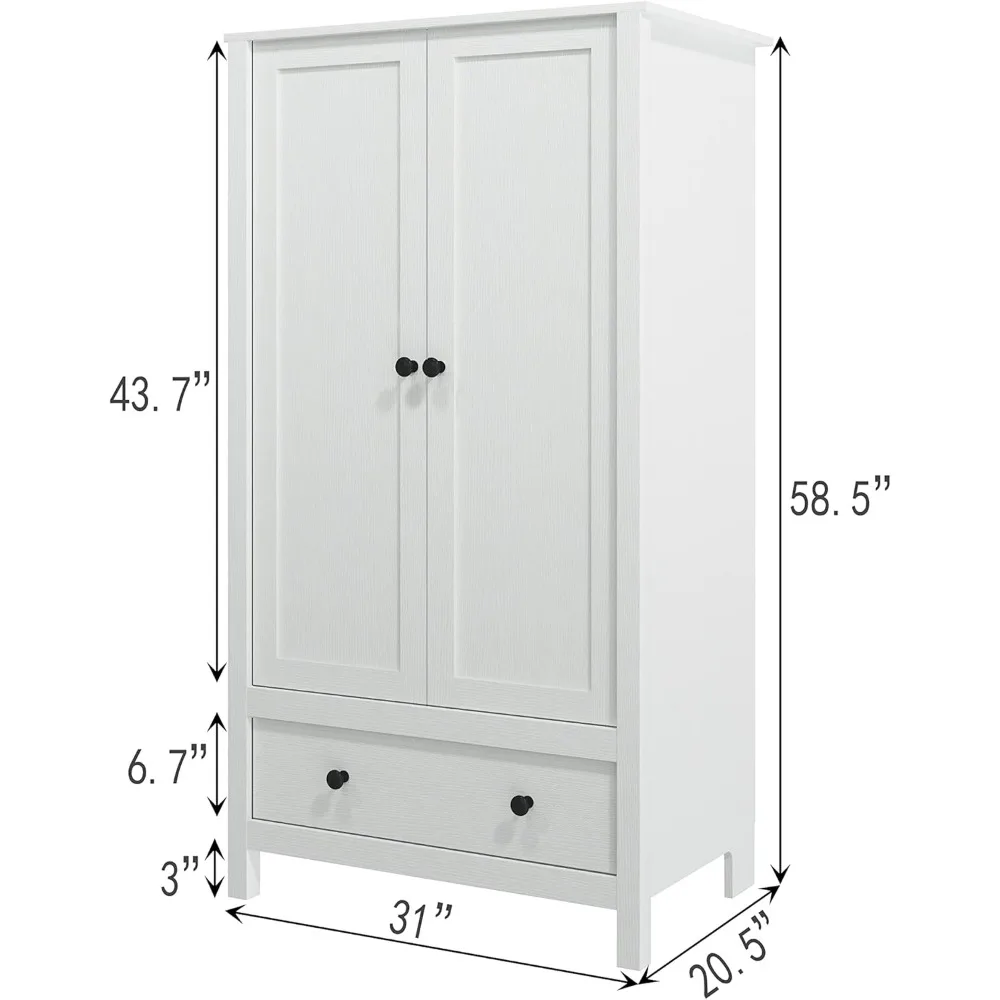 2 Door Wardrobe Armoire with Drawer for Bedroom Wardrobe Features 1 Storage Compartments and 1 Drawer Sturdy and Practical White