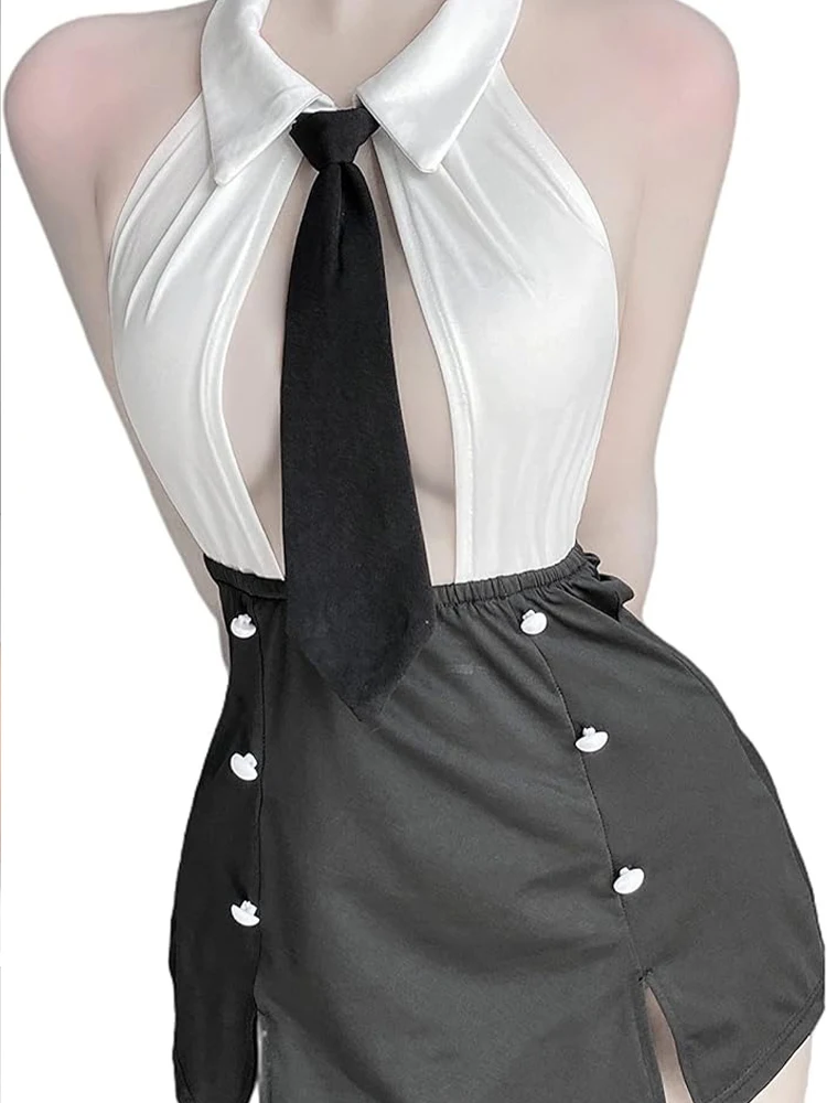 

Maid Cosplay Secretery Bodysuit Hot Sexy Lingerie Hollow Back Halloween Role Play Sleeveless Plus Turtleneck Erotic Skirt Set