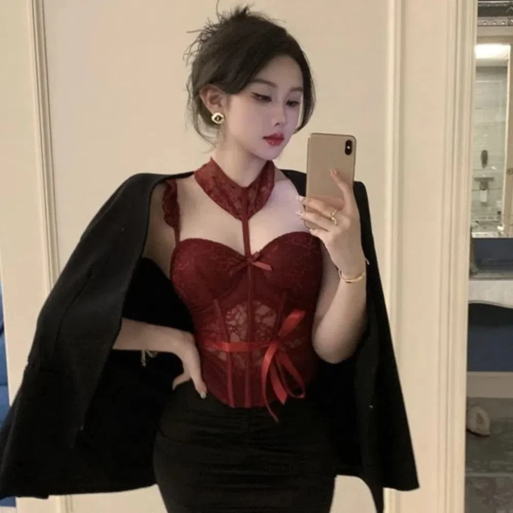 

Fashion Passionate Set Lace Camisole Briefs Set Slim Fit Hollow Mesh Women Lingerie Sleeveless Nightgown Bow Lace Corset Home