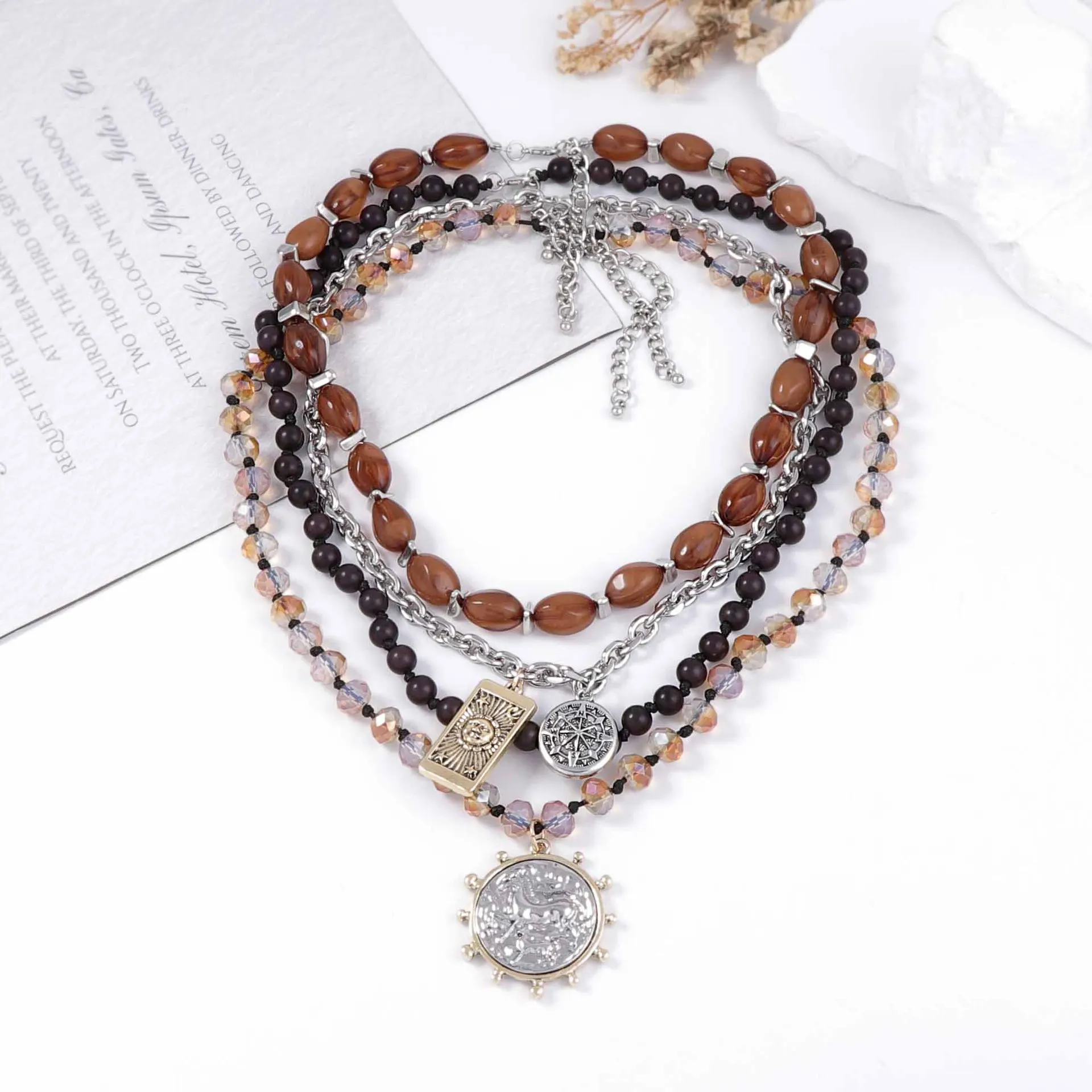 

ZAA Vintage Geometric Pendant Necklaces 2025 Trend Women Luxury Layered Beaded Jewelry Casual Holiday Party Accessories Gift