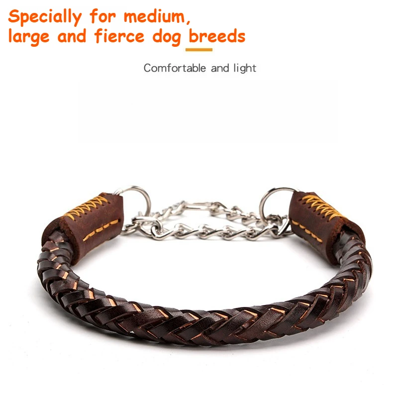 

8 Strands Genuine Leather Dog P Chain Collar, Durable Slip Collar Anti Pull Training Collar for Medium Dogs