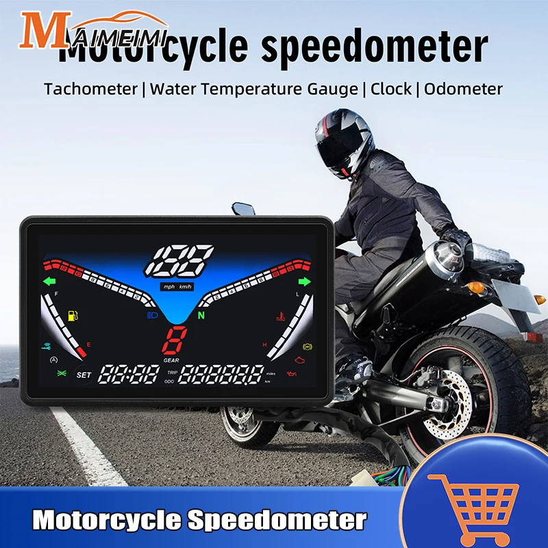 

199km/h Universal Motorcycle Speedometer Digital Odometer Instrument 99999.9km Fuel Level Gauge Water Temp Tachometer 24h Clock