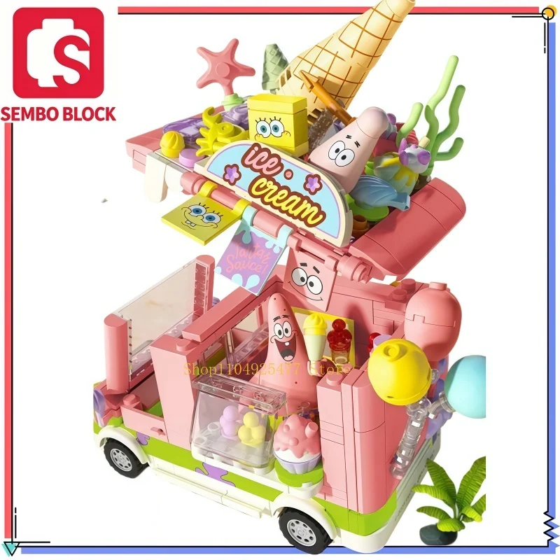 SEMBO SpongeBob Building Blocks SquarePants Series Hamburger Car Patrick Star Dessert Ice Cream Car Model Bricks DIY Girl Toys