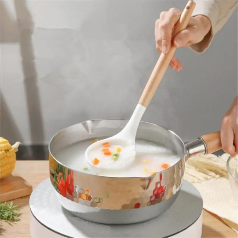 【S】Stainless Steel Soup Pot Snow Pot Flat Bottom Non-Stick Wok Solid Wood Handle With Hook Stew Pot Milk Pot Kitchen Cookware