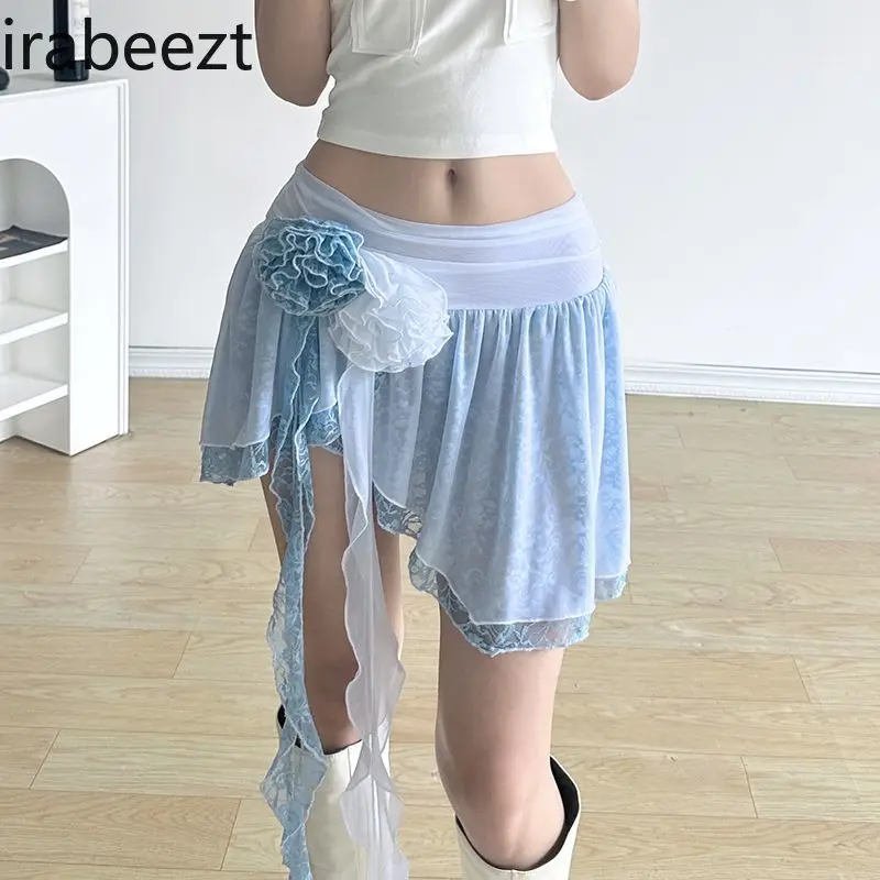 French Rose Ribbon Mesh Double Skirt Asymmetrical Slim Korean Style Jupe Fleurie Femme Été New Style Faldas Escocesas De Mujer