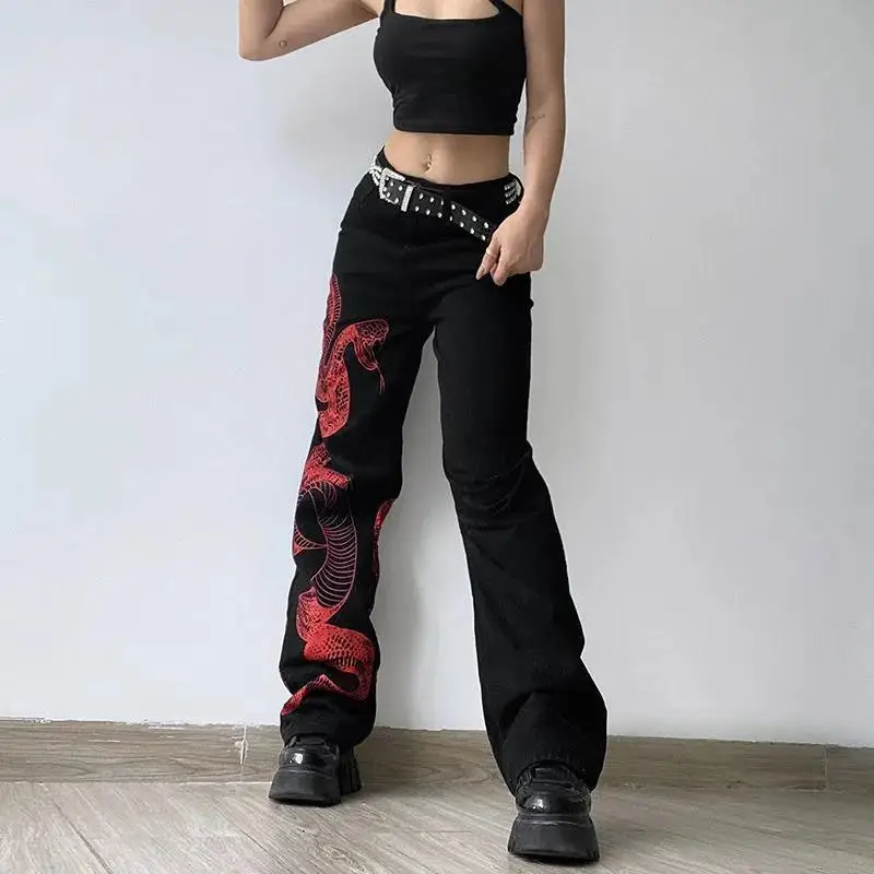 New Black Red Contrast Snake Print Design Harajuku Female Jeans Women Straight Baggy Chic Y2k Streetwear High Waist Denim Pants