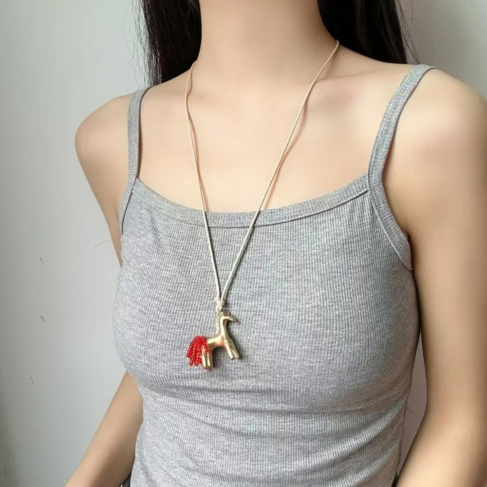 Creative Cute Stereo Little Horse Colored Beaded Tassel Tail Pendant Adjustable Long Rope Necklace for Women Trendy Jewelry Gift