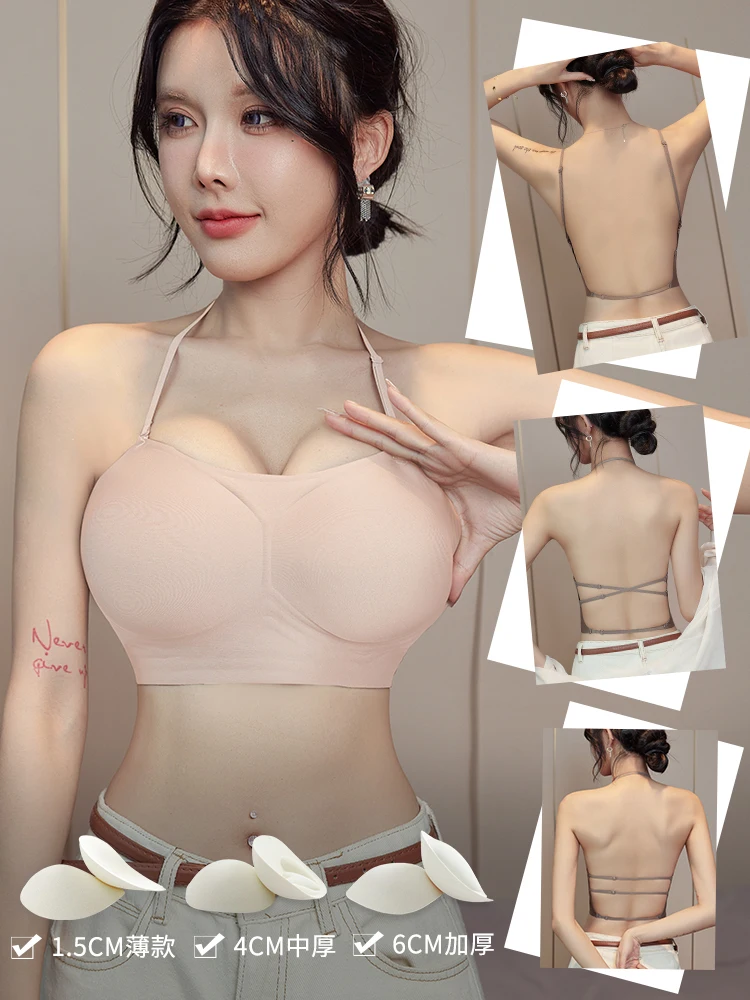 MOYISU حمالة صدر بدون ظهر ورقبة رسن على شكل حرف U وظهر عميق مبطن للصدر الصغير، حمالة صدر صيفية لاصقة غير مرئية بدون حمالات