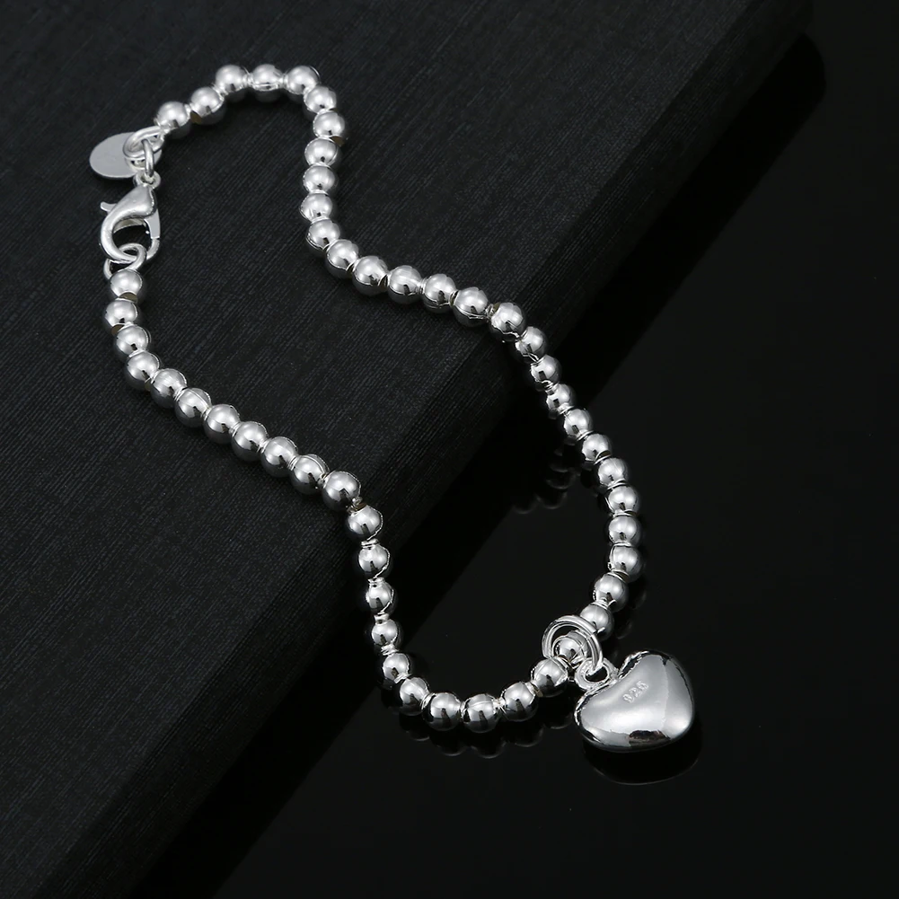 

Popular Brands 925 Sterling Silver Heart Beads Chain Bracelet For Women Fashion Party Wedding Accessories Designer Jewelry Gifts
