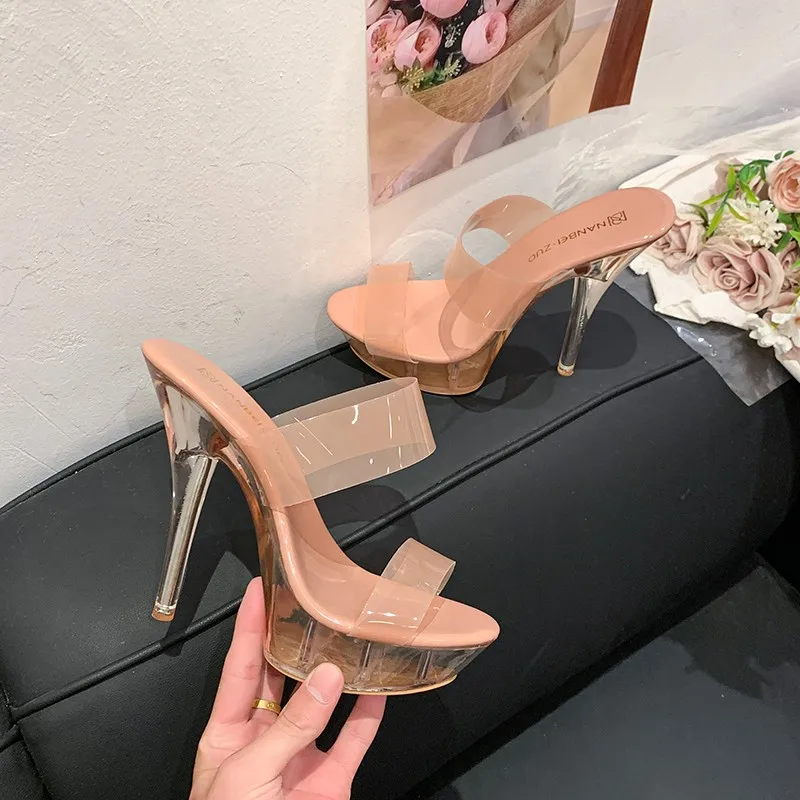 New Plus Size Clear Slippers Flip-Flops Thick Slim Heel Sexy High Heels