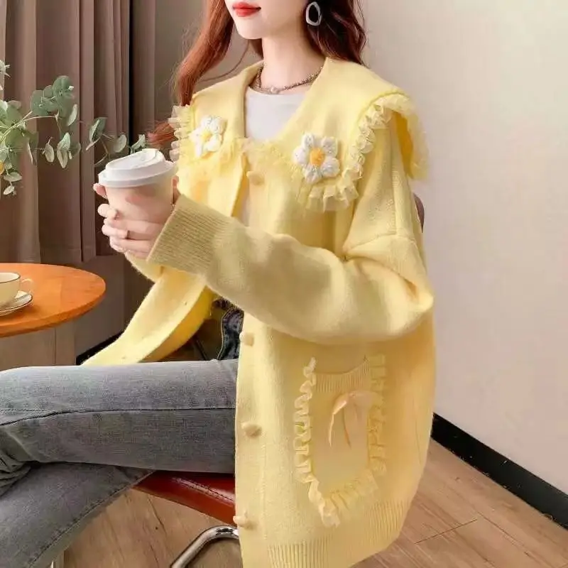 Sweet Peter Pan Collar Pockets Bow Lace Cardigan Sweaters Female Clothing 2024 Autumn Winter New Loose Knitted Young Style Tops