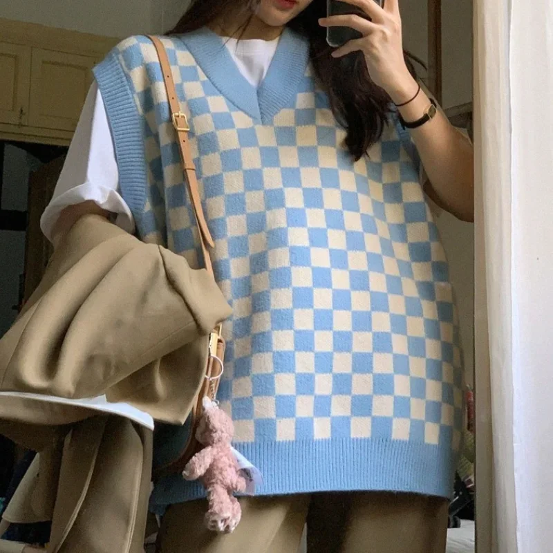 Vintage Checkerboard Plaid Knitted Sweater Vest Preppy Style Women Loose Casual Vest Spring Autumn Warm Tops Classic Sweaters