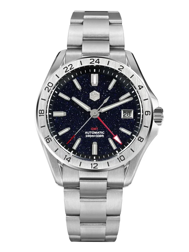 San Martin 남성용 럭셔리 시계, Aventurine 보석 다이얼, NH34 GMT 자동 기계식 사파이어 방수 야광 SN0129, 39mm