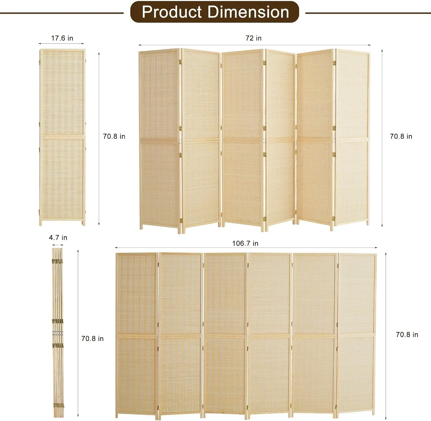 6 Panel Bamboo Room Divider, 6ft Tall Folding Privacy Screen for Room Separation and Portable Freestanding Wall Partition