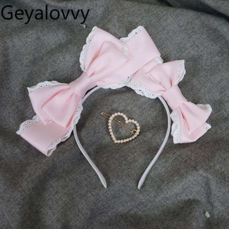 Fascia per capelli KC con fiocco in pizzo rosa blu per ragazza giapponese fatta a mano Dolce principessa Amore Versatile clip Lolita Copricapo Accessori per fiocchi per capelli