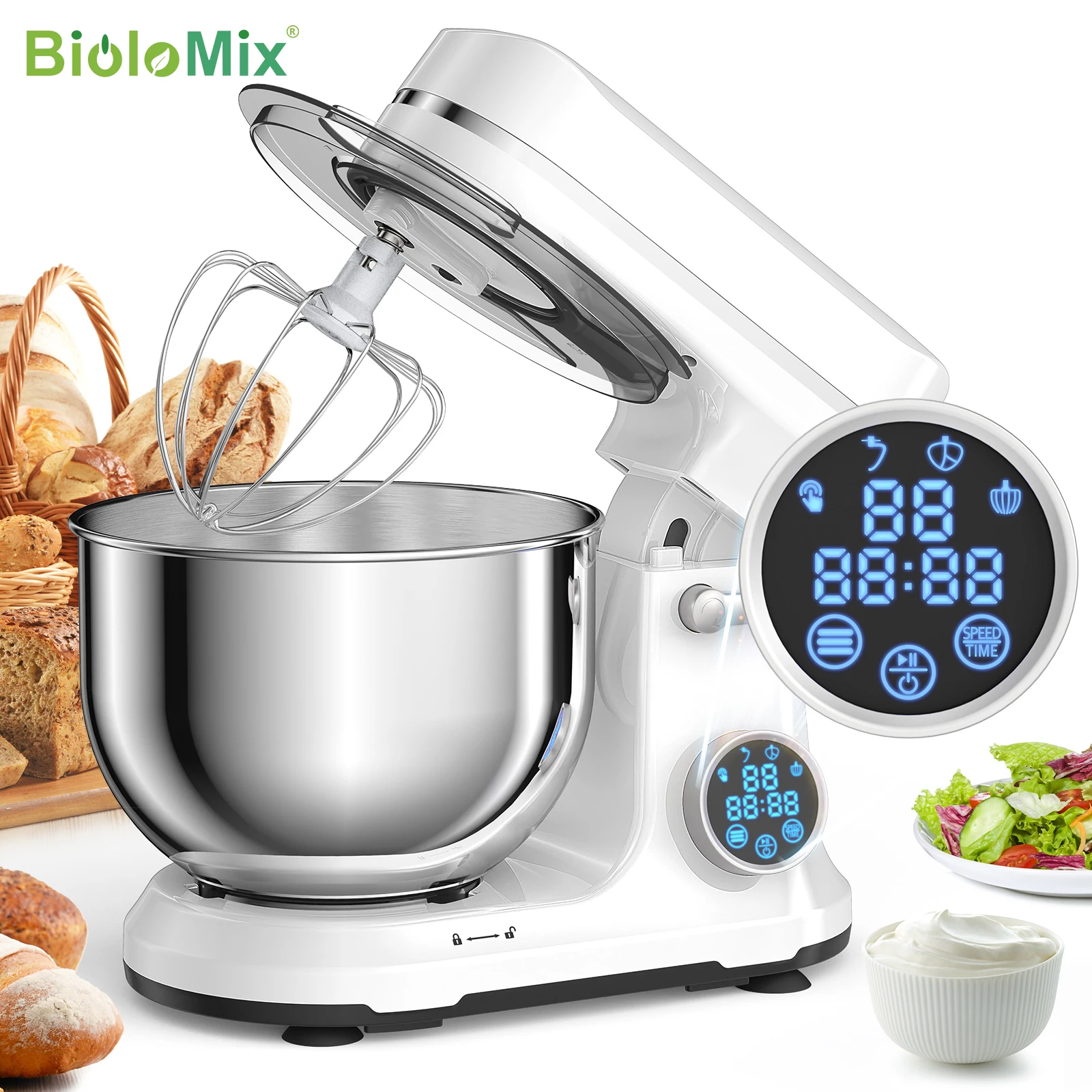 BioloMix Kitchen Food Stand Mixer, 1200W 11-Speeds DC Motor, Digital OLED Screen, Electric Food Mixer with Dough Hook, Whisk