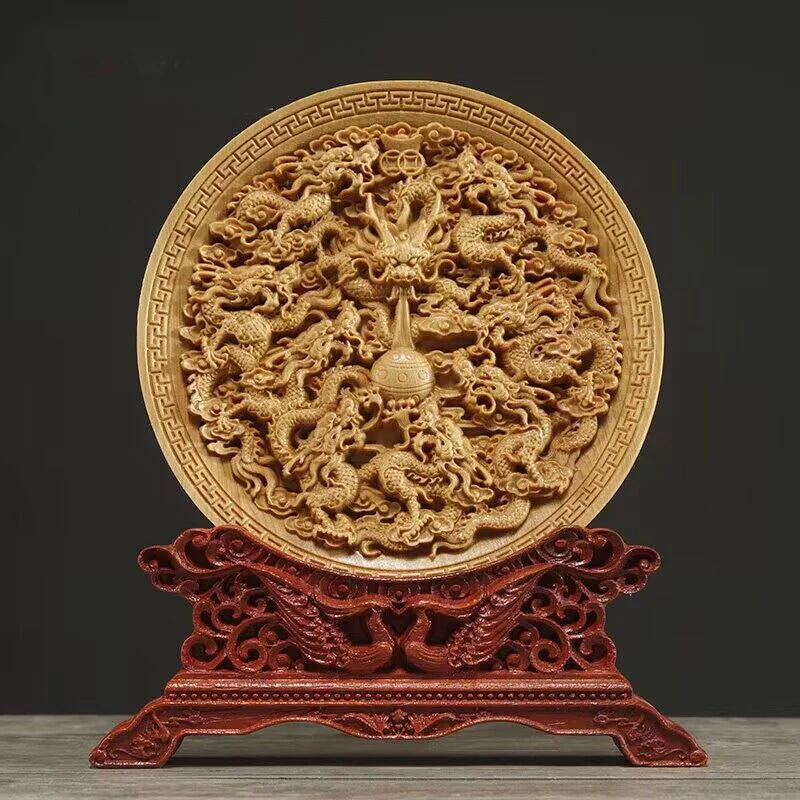 Wood carving Dragon and Phoenix Round Carving Art Statue Mascot High quality home room, office decoration accessories