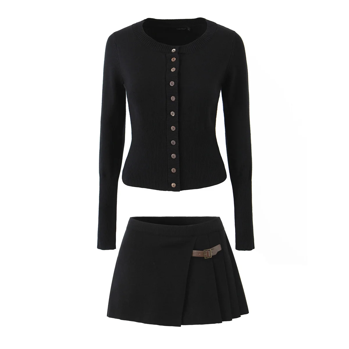 2 pieces 1 set Crew Neck Single-breasted Buttons Knitted Cardigan Short Sweater Elastic Waist Pleated Slit Hem Mini Skirt Suits