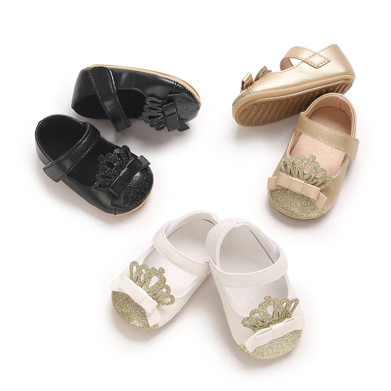 Zapatos planos con corona de lentejuelas Mary Jane para niña, zapatos de Ballet de princesa para fiesta de boda de cuero PU, suela de goma para bebé, primer bebé