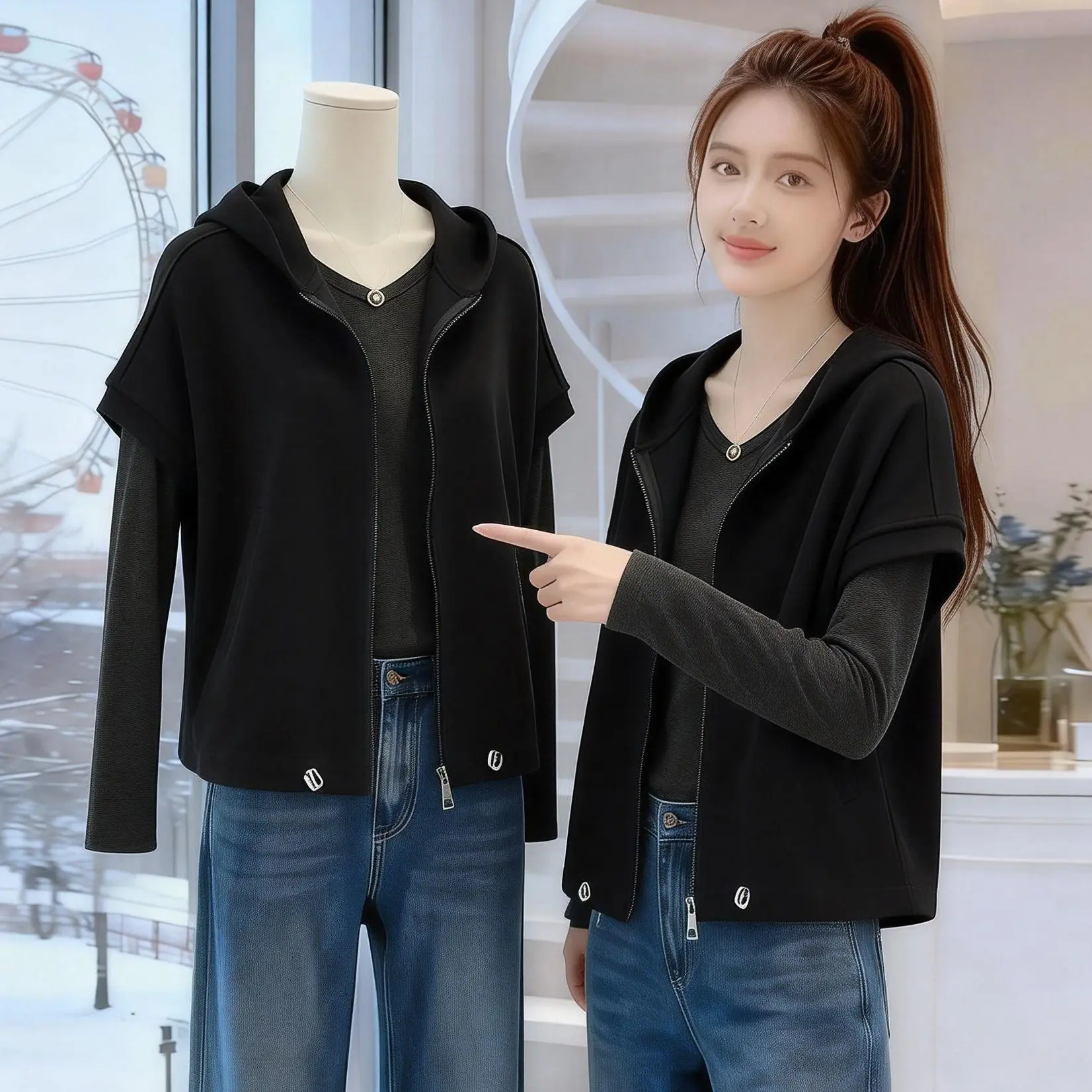 

Новая модная женская безрукавка-кардиган с капюшоном и декоративной строчкой, весенне-осенний дизайн, жилет-накидка, верхняя одежда, топ 2026