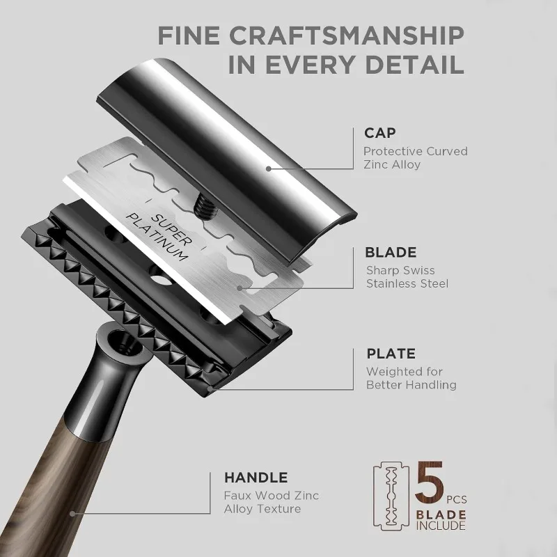 Men's & Women's 5-Blade Manual Razor, Gold Wooden Handle Shaver, Waterproof Wet/Dry Use, Precision Grooming for Sensitive Skin