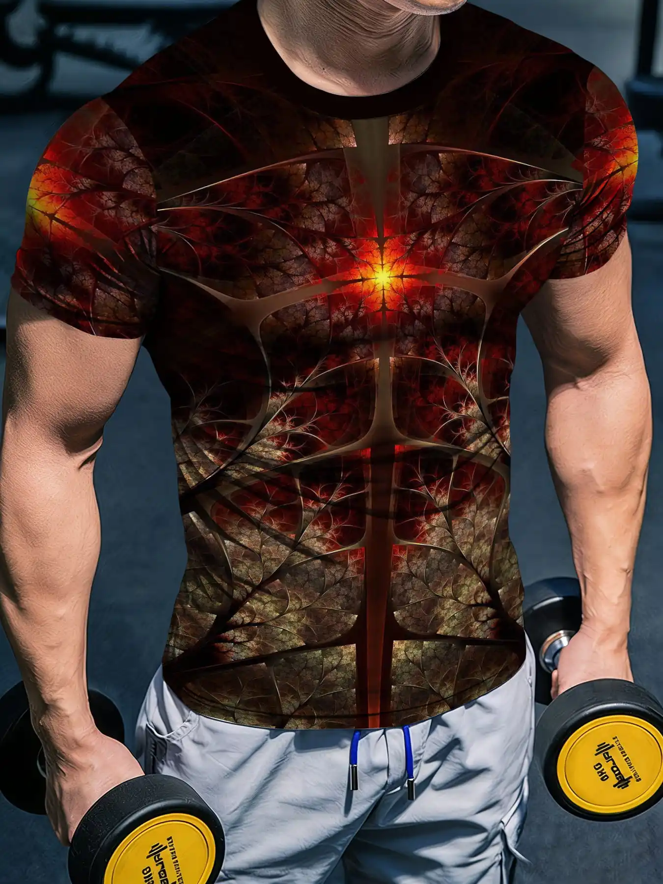 Men Sports Tee High Elastic Quick Dry Breathable Jersey Red Vein Texture Print Gym Fitness Compression Top