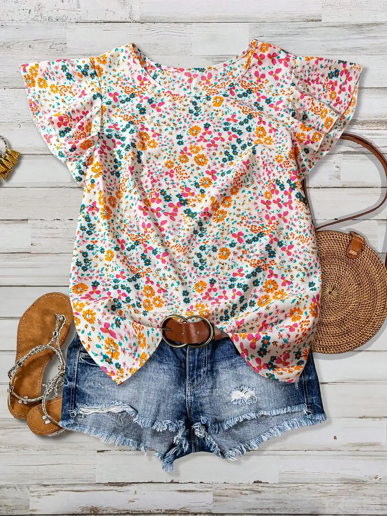 

Women's Ditsy Floral Print Loose Fit Top with Ruffle Sleeves for Casual Vacation Wear