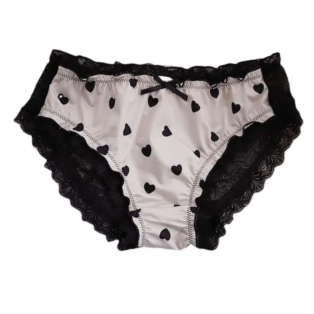 

Soft Satin Silk Lace Bow Panties Love Pattern Underwear Transparent Underpants Seamless Mid Waist Briefs for Women Women